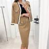 Color-blocked Knitted Women Two Piece Skirt Set Outfits V-neck Cardigan + Long Pencil Suits Vintage Elegant Fashion 210513