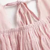 夏のドレスの女性かわいいピンクのruchedドレスフランス背中のバックレスネクタイの包帯vestidoファッション半袖ミディローブ210520