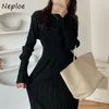 Yüksek Bel Kalça Bodycon Elbise Kadın O Boyun Kazak Uzun Kollu Siyah Vestidos Vintage Draped Tasarım Basit Robe Femme 210422