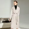 Women's Double Cashmere Wool Coat Turn Down Collar Waves Long Sleeves Fashion Winter Overcoat Outerwear with Belt