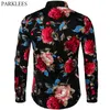 Hawaiiaanse mannen shirtmerk Rose Floral Print Men Streetwear Slim Fit Casual Men Lange mouw shirts Turn Down Collar Mens Clothing 210331