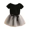 Summer 2-10 Years Kids Party Elegant Princess Solid Color Bow T-Shirt+Lace Skirt 2 Piece Lace Gauze Baby Girl Dress Sets 210529