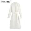 Женщины шикарные моды с поясными карманами MIDI рубашка платье с длинным рукавом кнопки женские платья Vestidos 210420