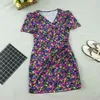 Kvinnor puffy ärmar sexig v nacke blommig tryck boho strand klänningar sommar kortärmad en linje mini klänning wrap sundress robe 210520