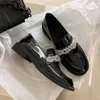 Med klackar naturliga äkta läder loafers skor kvinnor chunky häl pumpar kristall rund tå kvinnlig skor vår svart 210517