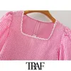 TRAF Women Sweet Fashion With Lace Plaid Cropped Blouses Vintage Square Collar Long Sleeve Female Shirts Chic Tops 210415