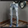 Mens Clothing Apparel Drop Delivery 2021 Italian Style Fashion Light Blue Destroyed Patchwork Ripped Jeans Men Elastic Denim Pants Slim Fit H