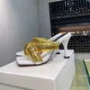 Muli d'oro sexy Sandali alti sandali Donne in metallo decorano scarpe da design da donna con ceretta da corsa sandalo tacco