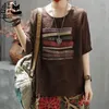 Summer Arts Style Women Short Sleeve Loose Tee Shirt Femme Tops Patchwork Cotton Linen Vintage Long Tshirts Plus Size S761 210512