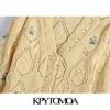 Kpytomoa Damesmode Bloemen Borduurwerk bijgesneden Gebreide Cardigan Sweater Vintage Lange Mouw Vrouwelijke Bovenkleding Chic Tops 210812