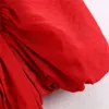 Snygg chic singel-breasted Midi Dress Women Puff Sleeves Back Elastic Kvinna Es Red Party Vestidos Mujer 210430