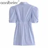 Fonde à rayures à rayures plissées mini-robe Vintage Puff Sleeves boutonnée Femme Robes ruchées vestidos 210604