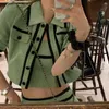 Coreano Doce Fashion Skirt Ternos Mulheres Outfits Casaco Curto Casaco Crop Top + Colete + Bodycon Mini Saia Set Green Girls 3pcs Sets 210730