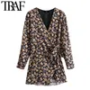 TRAF Women Chic Fashion Floral Print Tie Sashes Playsuits Vintage Long Sleeve With Inner Zip Female Jumpsuits Mujer 210415