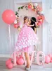 Prinses schattige roze baljurk meisjes optocht jurken korte mouwen tule trapsgewijze ruches vegen trein vlinder gezwollen kinderen bloemenmeisje verjaardag jurken