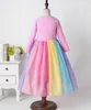 Rainbow Gauz Długa Dress Spring Sleeve Casual Es Holiday Baby Clothes 1-6Y E20113 210610