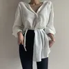 Gaganight Rahat Gevşek Düzensiz Kadınlar Bluz Uzun Kollu Turn Aşağı Yaka Katı Pamuk Keten Gömlek Kadın Kore Blusas Seksi 210519