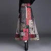 Plus Size 4XL Printed Fllowers Red Long Skirts Fashion Winter Women Casual Maxi Femme Elastic High Waist Plaid Wool 210421