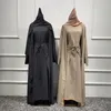 Ethnic Clothing Handcraft Beads 3 Piece Muslim Set Matching Outfit Crinkled Crepe Open Abaya Kimono Long Sleeve Dress Wrap Skirt D2851