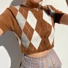 Brown Argyle Stickad Y2K Crop Top Cardigan Women's T-shirt Sommar Kortärmad Knitwear Button Up Vintage Plaid Tee Shirt 210415