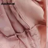 Blusa de gasa con bordado de puntos de color rosa para mujer, linterna de manga larga, blusas recortadas con cuello en V sólido, camisa corta de playa 210413