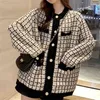 [EWQ] herfst trui jas retro shirt check lange mouw enkele breasted plaid losse gebreide cardigan dames qb321 210918