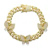 Anklets Gold White Color Spinning Butterfly Anklet för Kvinnor Flickor 12mm Iced Out Rhinestones Fylld Kedja Punk Hip-Hop Ankel Armband