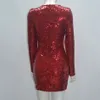 夏の女性の赤の豪華なスパークな光沢のあるミニ包帯のドレスエレガントなセクシーなタイトなフルスリーブセレブパーティー210525