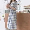 Lace Up Summer Dress Women Bomull Linen Casual Half Sleeve Es Kvinna O Neck Blå Plaid Klänning Boho Robe Femme Vestido 210423