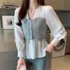 Korean Style Women Spliced Chiffon Blouse Solid White Long Sleeve Shirt Fashion Office Lady Tops V-neck Feminina shirt 8110 50 210521