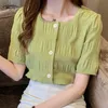 Summer Women's Shirts Korean Style All-match Square Collar Slim Short-Height Short Sleeve Bubble Chiffon Blouse 9365 210427