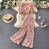 women Bohemian two piece sets summer sexy v neck short blouse pleated pants outfits ladies floral print chiffon suits 210525