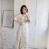 Floral Print Midi Dress Women Cottagecore V Neck Short Sleeve Summer Long es Ladies Chic Waist Cut Out Sexy 210519