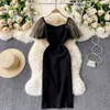 Korean Spring Summer Fashion A-line Dress Women Square Neck Mesh Stitching Short Sleeve Slim Black Vestidos R193 210527