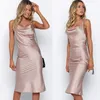 Robe de soirée sexy pour femmes, printemps été, satin, sans manches, bretelles spaghetti, dos ouvert, imitation soie, es 210428