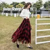 Women Vintage Plaid Pattern Long Tulle Mesh Casual High Elastic Waist A-Line Pleated Skirts Female 3 Layers Office Skirt 210416