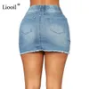 Liooil Blue Denim High cintura buraco mini saia com roupas de bolso roupas rua streetwear Decote afligido cordão sexy bodycon saias 210629