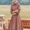 Fashion Plaid Women Spring Turn-Down Collar Corduroy Long Sleeve Vintage Dresses Retro Ladies Button Dress 7424 50 210417