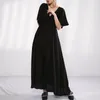 [Eam] Kvinnor Svart Drastring Lång Stor Storlek Klänning V-Neck Half Sleeve Loose Fit Fashion Spring Summer Ma80701 210512