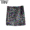 TRAF Dames Sexy Mode Shiny Color Sequin Mini Rok Vintage Hoge Taille Side Rits Dames Rokken Mujer 210415