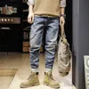 Estilo coreano moda homens jeans solto apto retro azul casual rasgado streetwear hip hop elástico designer harem calças