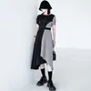 [EAM] Women Black Spliced Ruffle Irregular Dress Round Neck Short Puff Sleeve Loose Fit Fashion Spring Summer 1DD7553 21512