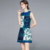 Llzacoosh Summer Women Flower Print Blue Vintage Bez Rękawów O-Neck Slim Mini Lady Casual Dresses Vestidos 210514