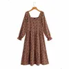 Vintage femme marron imprimé col carré robe longue printemps mode dames drapé es femme vacances élégantes 210515