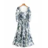 Summer Women Vintage Print Dress 3/4 Sleeve Square Collar Spliced Ruffles es Female Elegant A-Line Clothing 210513