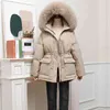 Winter Women Grube Ciepłe Duże Prawdziwe Futro Z Kapturem Kurtka 90% White Duck Coat Talia Chowany Parker Płaszcz 210430