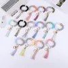 Silicone Frisado Chaveiro Madeira Bead Bracelete Chave Anel com Borlas String Party Favor Strap Chaveiro para Menina Mulheres Pulso Strap LLD12175