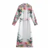 Summer Dress Woman Tropical Print Pink Long Shirt Women Elegant Belt Button Up Sleeve Midi Casual es 210519