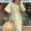 Korejpaa Frauen Kleid Koreanische Mode Elegante Chic Sommer Quadrat Kragen Falten Design Lose Wilde Fly Ärmeln Lange Vestido 210526