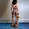 Print Two Piece Set For Women Square Collar Sleeveless Camis High Waist Wide Leg Pants Casual Sets Female Fashion Style 210531